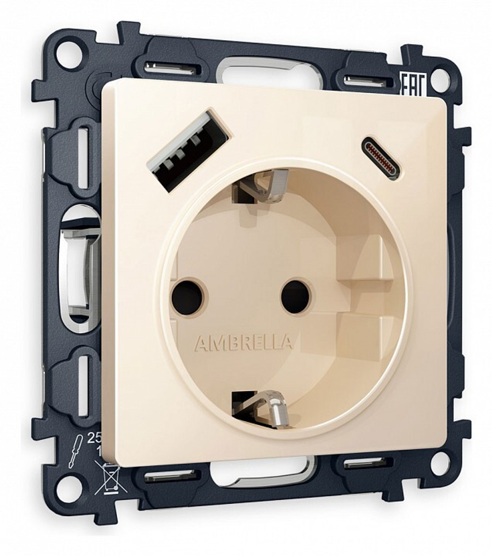 Розетка с заземлением и 2хUSB type A и C, без рамки Ambrella Volt Quant MA310010