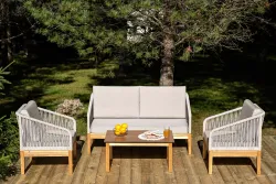 "Канны" диван 2-местный плетеный из роупа, основание дуб, роуп бежевый круглый, ткань бежевая 15052