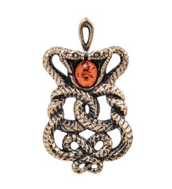 AM- 768 Подвеска «Змеи Переплетение « (латунь, янтарь)