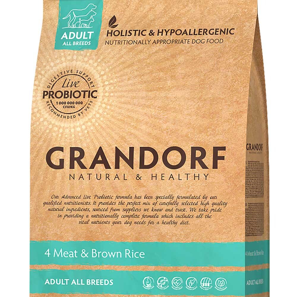 Grandorf Adult All Breeds 4Meat&Brown Rice - корм низкозерновой с пробиотиками для собак всех пород (четыре вида мяса с бурым рисом)