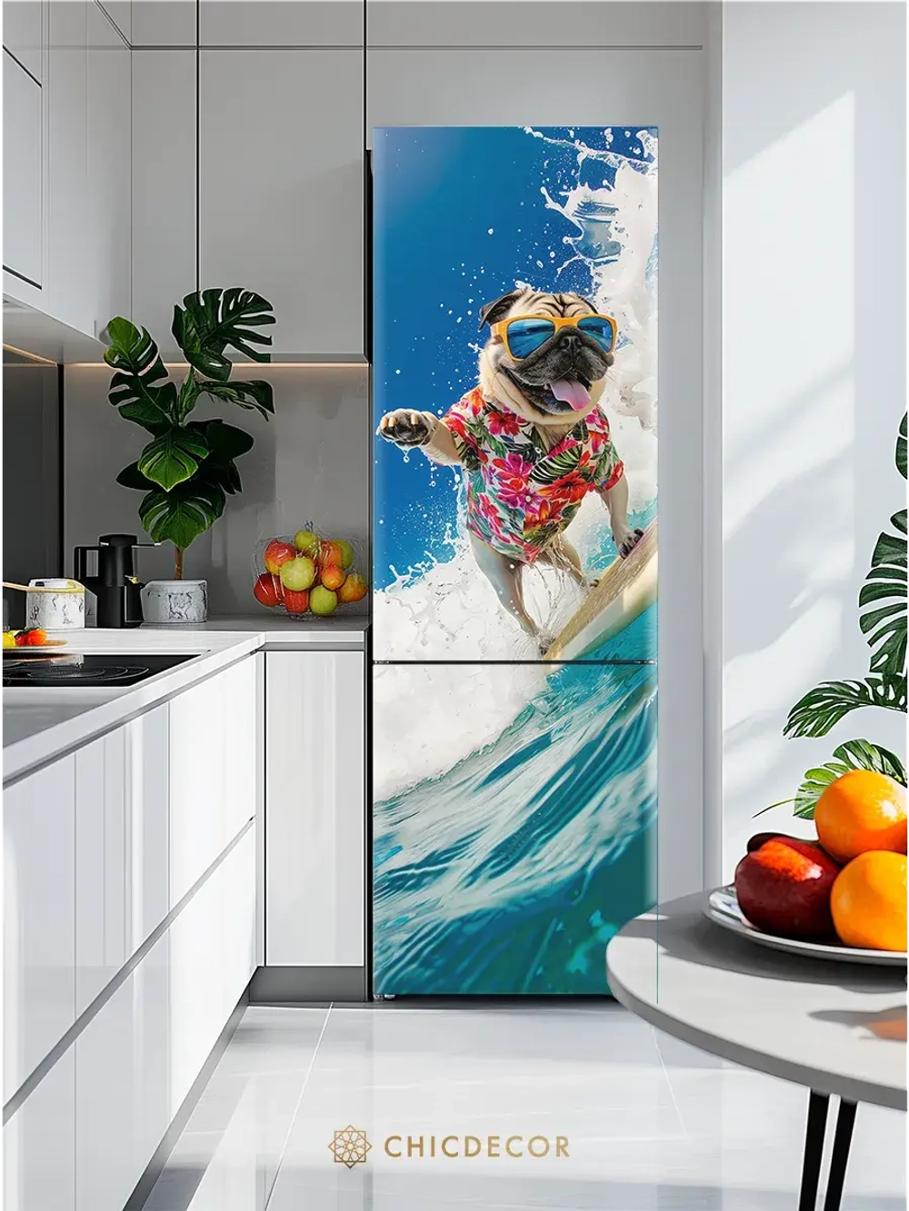 Наклейка интерьерная на холодильник мопс на сапе