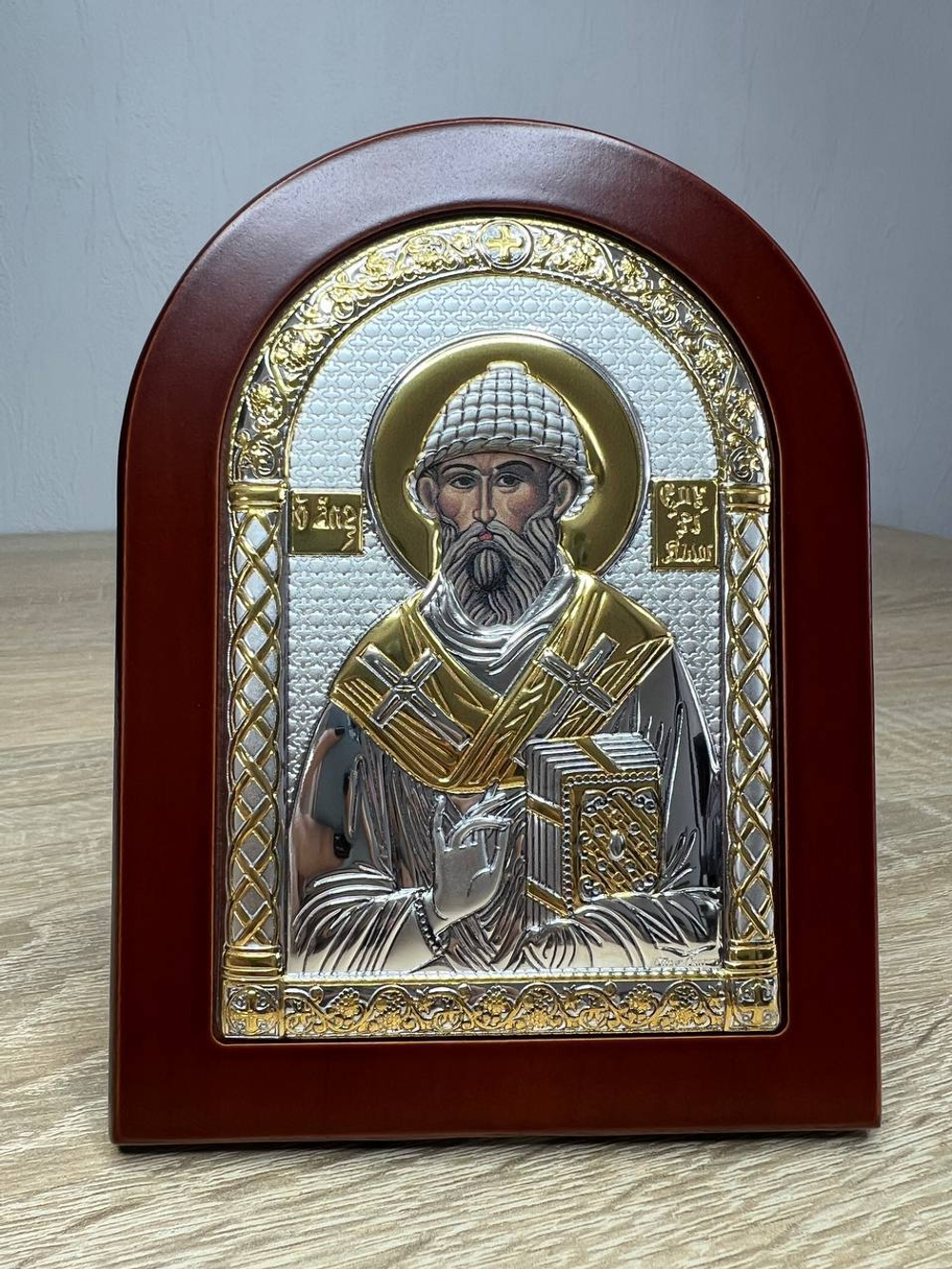 Спиридон, икона арочная, красное дерево 105х140