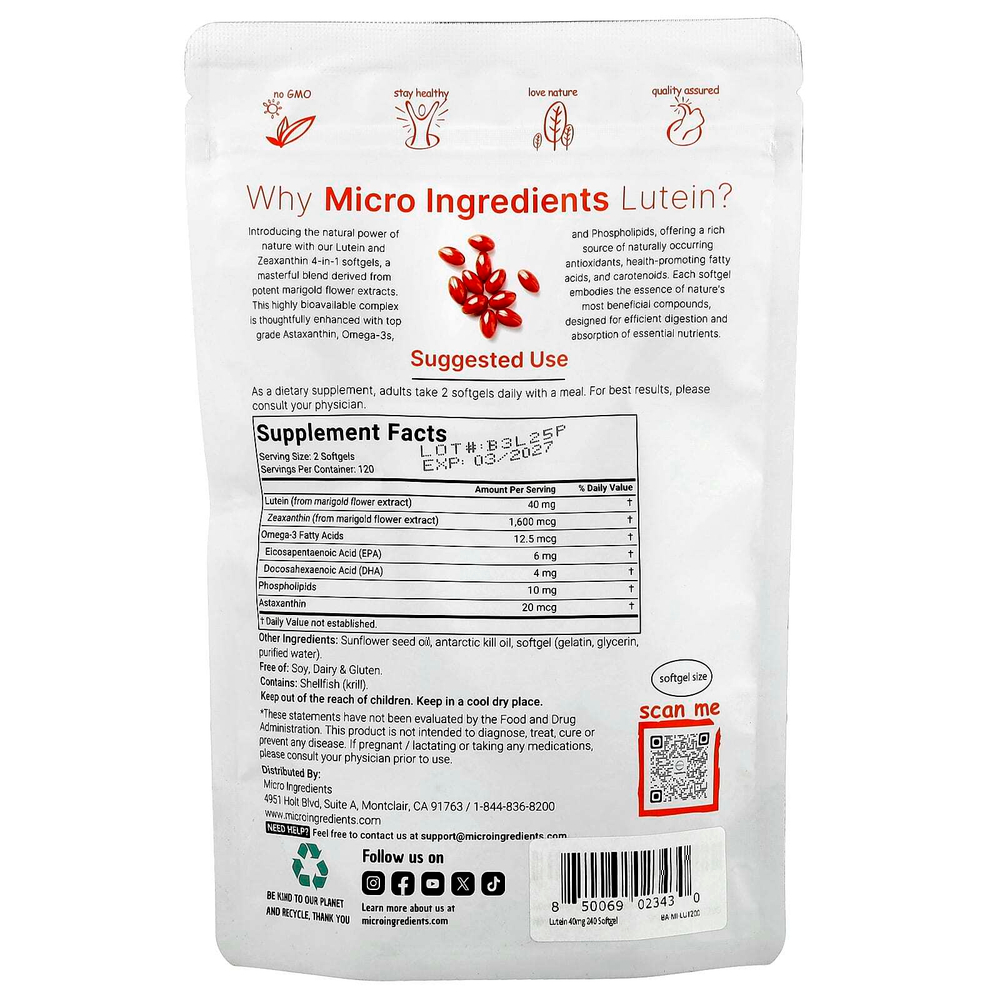 Micro Ingredients, лютеин с зеаксантином, 240 капсул