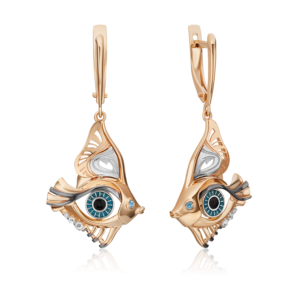 Серьги «Взгляд на время» с английским замком из комбинированного золота с натуральными топазами white, топазом и эмалью