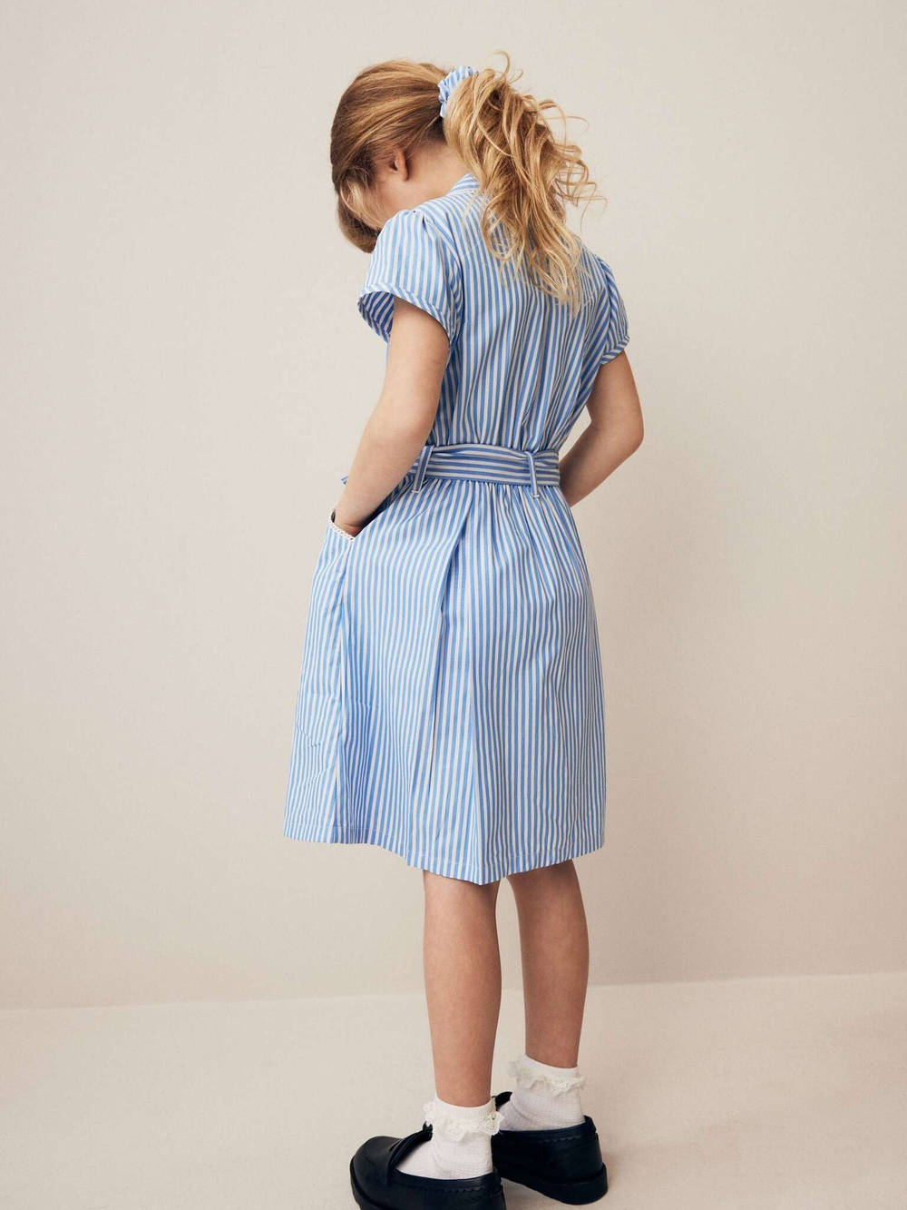 Платье школьное с воротником и поясом для девочки Next Q77-069, Голубой, Белый