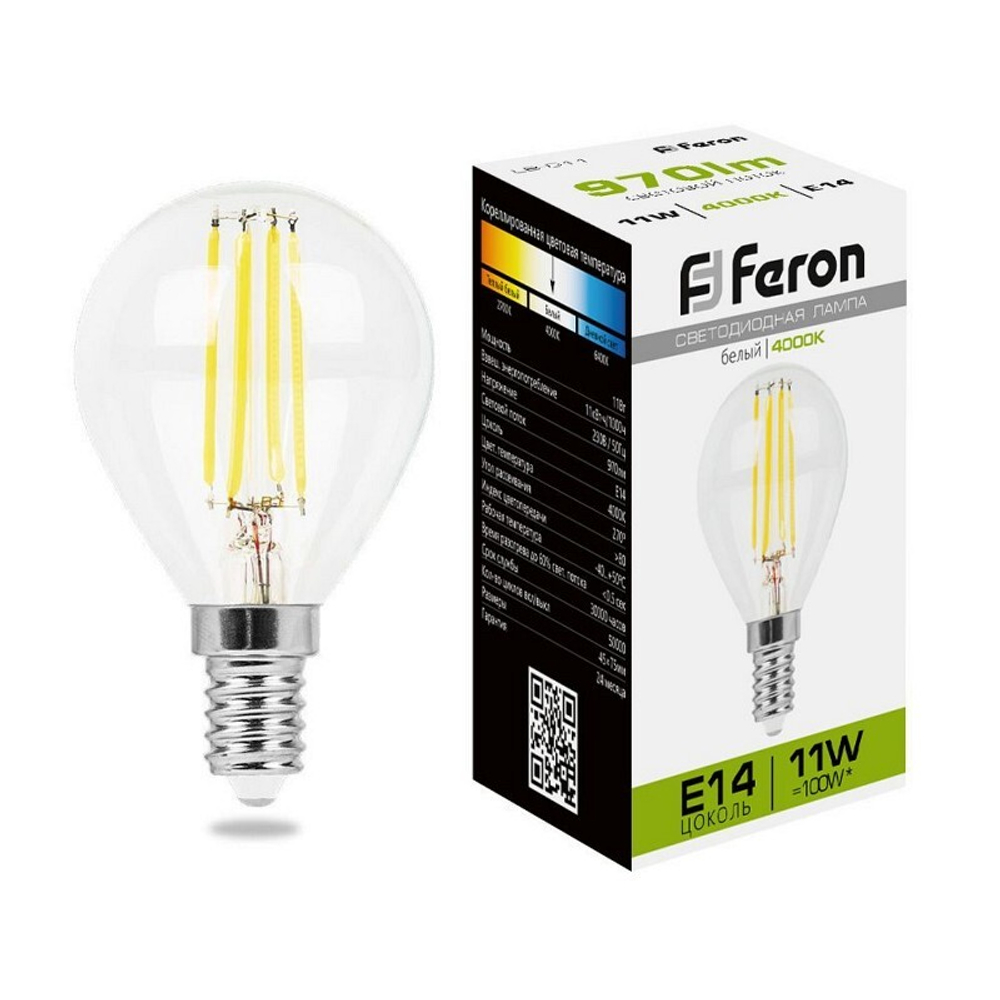 Лампа светодиодная.  11W  230V E14 4000K прозрачная. LB-511