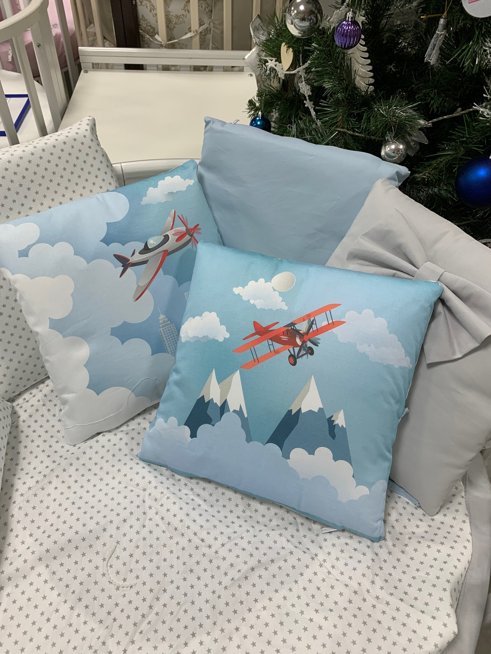 Комплект в кроватку 18 предметов "Самолет голубой", сатин