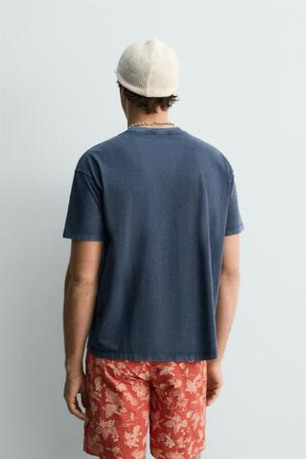 ZARA ФУТБОЛКА С НАДПИСЬЮ И ЭФФЕКТОМ ПОТЕРТОСТИ, СИНИЙ