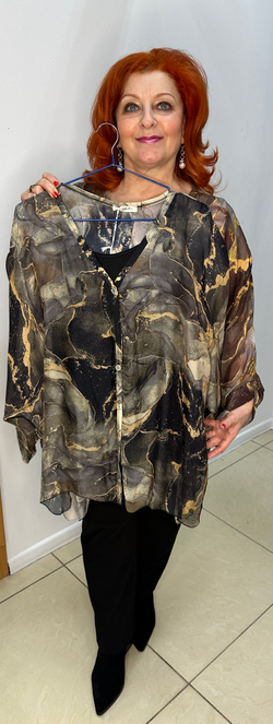 Двойка: итальянский шифоновый блузон с коричневой трикотажной маечкой