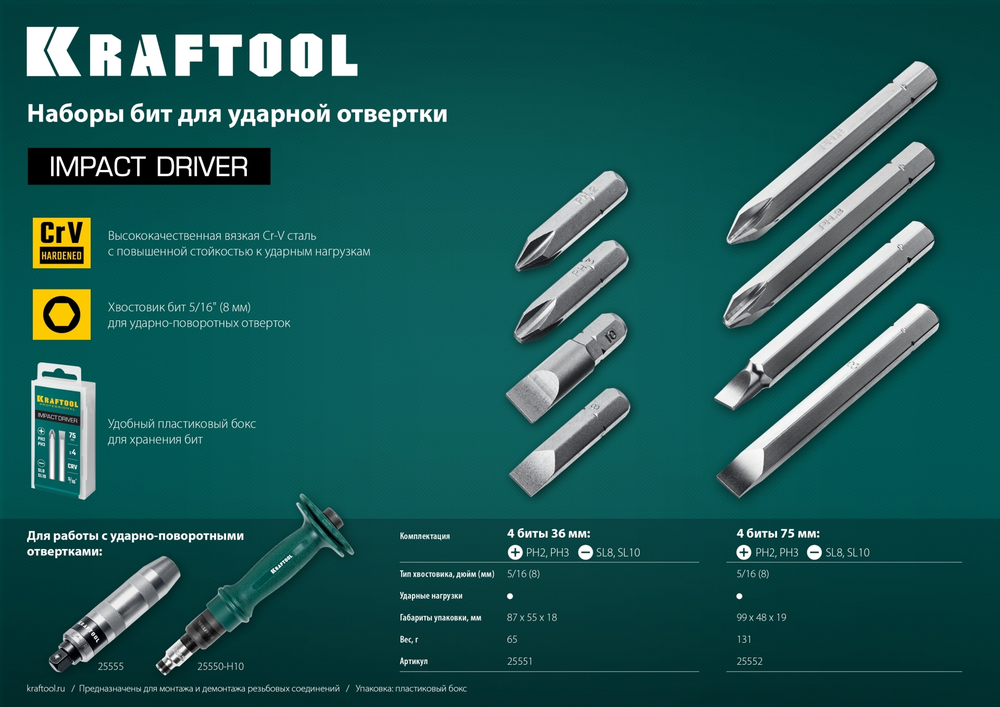 Биты для ударной отвертки 4 шт 75 мм, KRAFTOOL