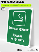 Табличка для частной территории "Зона для курения, просьба не мусорить", на дом, для участка, для подъезда, организаций и частных территорий, 40х30 см, Silver Plane x Айдентика Технолоджи