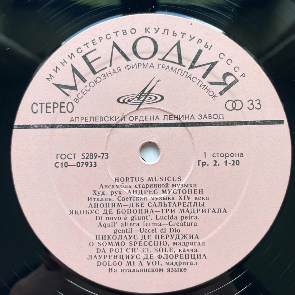Винтажная виниловая пластинка LP Hortus Musicus. Ансамбль Старинной Музыки, Италия. Светская Музыка XIX Века (СССР 1976)