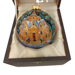 Шар новогодний с круговой росписью Палех "Зимняя тройка" в футляре