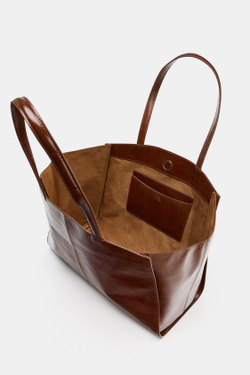 ZARA КОЖАНАЯ СУМКА-ШОПЕР С ДЕКОРАТИВНОЙ СТРОЧКОЙ, ТЕМНЫЙ РЫЖЕВАТО-КОРИЧНЕВЫЙ