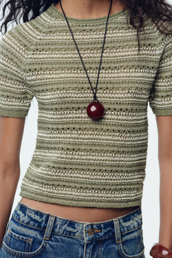 ZARA ТРИКОТАЖНЫЙ ТОП С КОРОТКИМИ РУКАВАМИ, ЗЕЛЕНЫЙ/ЭКРЮ