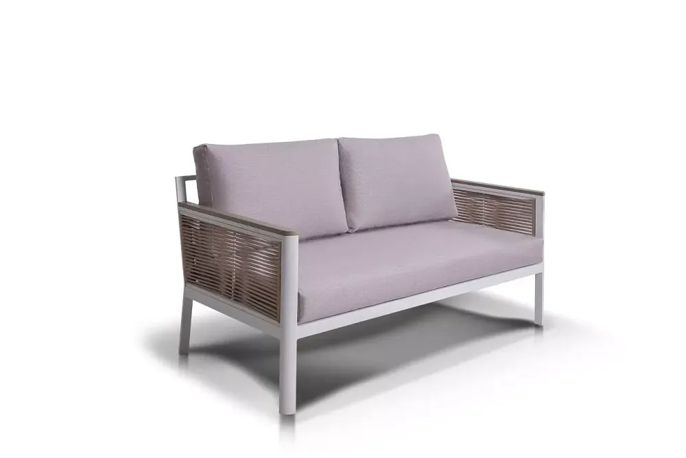 "Сан Ремо" диван 2-местный плетеный из роупа, каркас алюминий белый, роуп бежевый, ткань бежевая