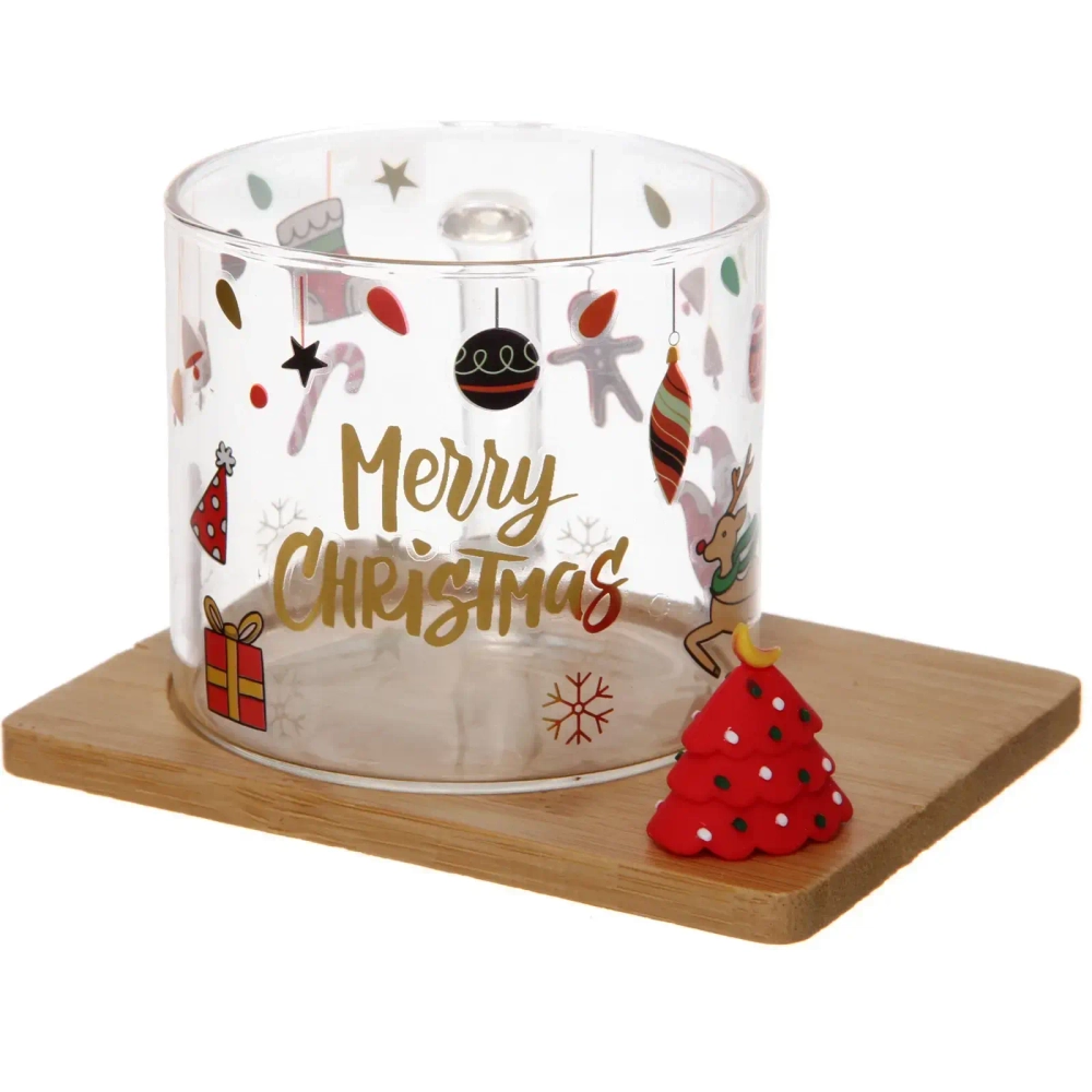 Кружка стеклянная 280мл «Новогодние чудеса» на бамбуковой подставке, прозрачная