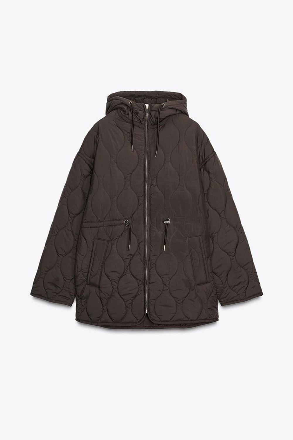 ZARA СТЕГАНАЯ КУРТКА С КАПЮШОНОМ WATER REPELLENT, СЕРО-КОРИЧНЕВЫЙ