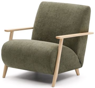 Кресло Meghan из зеленого шенилла с массивом бука в натуральной отделке