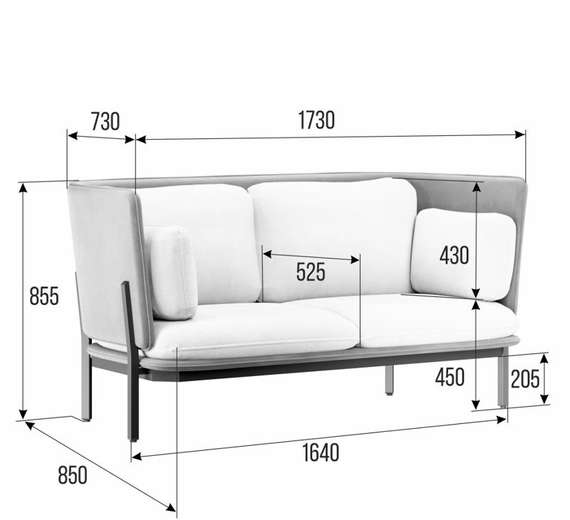 Stato Диван двухместный с низкой спинкой STA-02L Teddy 316/Teddy 35/Металл Черный 1730*850*855