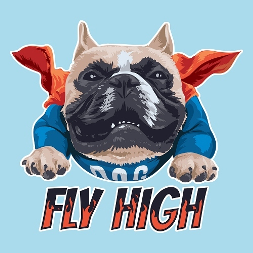 принт PewPewCat с бульдогом Fly High для голубой  приталенной футболки