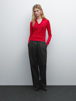 Massimo Dutti Свитер из 100% шерсти с воротником поло и пуговицами, красный