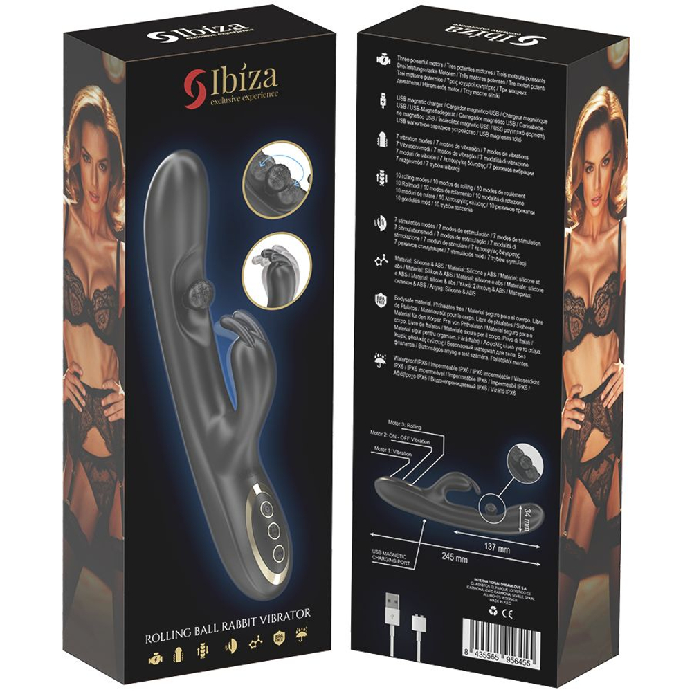 Черный вибратор-кролик с вращающимся шариком - 24,5 см.