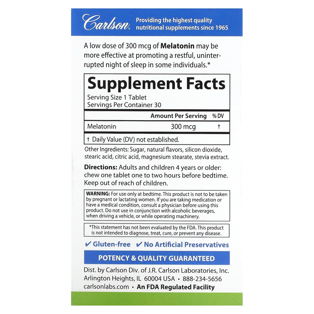 Carlson, Melatonin, Natural Strawberry Lemon, 300 mcg, 30 Tablets