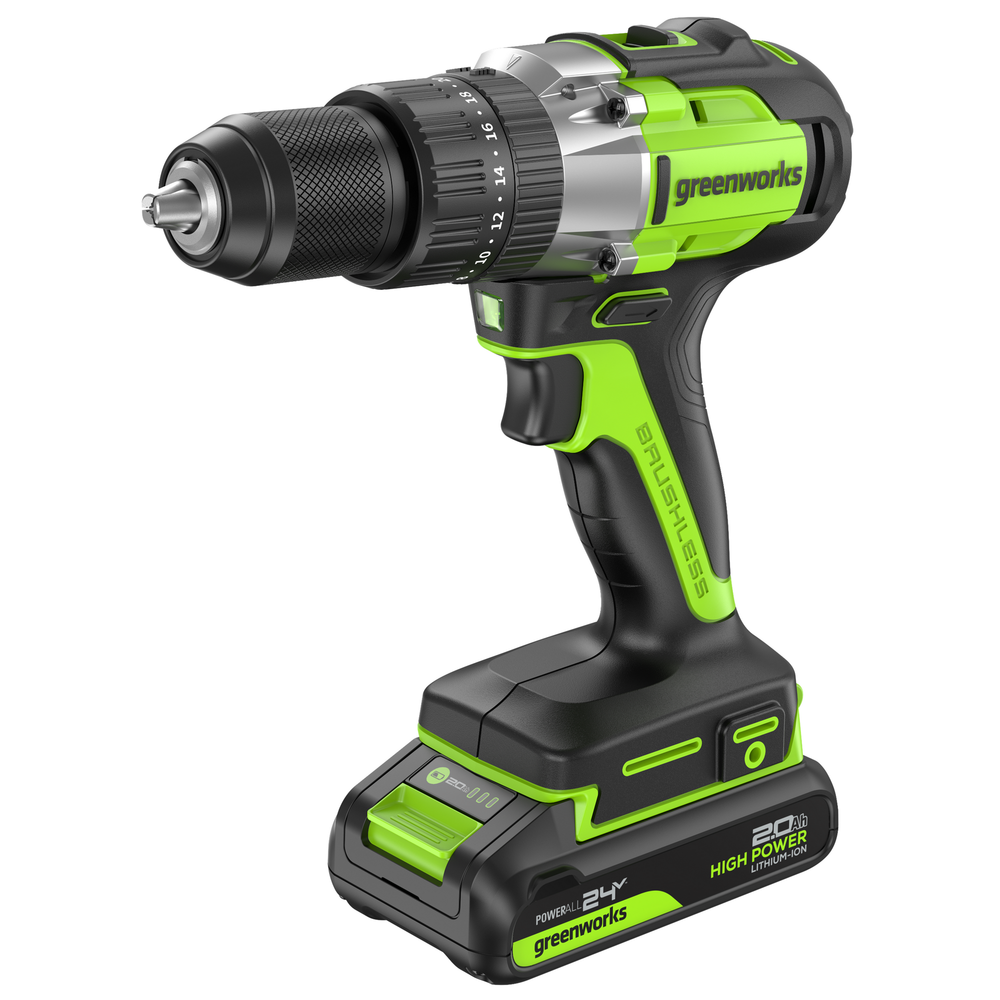 Дрель-шуруповерт ударная акк. Greenworks GD24DD60, 24V, б/щет, 30/60Нм,2х2Ач,ЗУ,кор (3704107CUC)