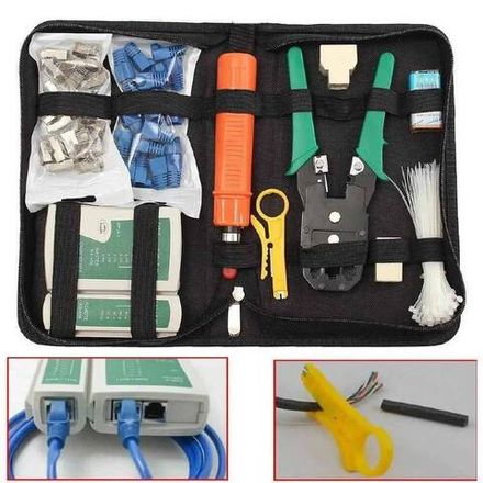 Набор инструментов и предметов сетевика для работ с сетевым кабелем: LAN тестер, обжимное устройство