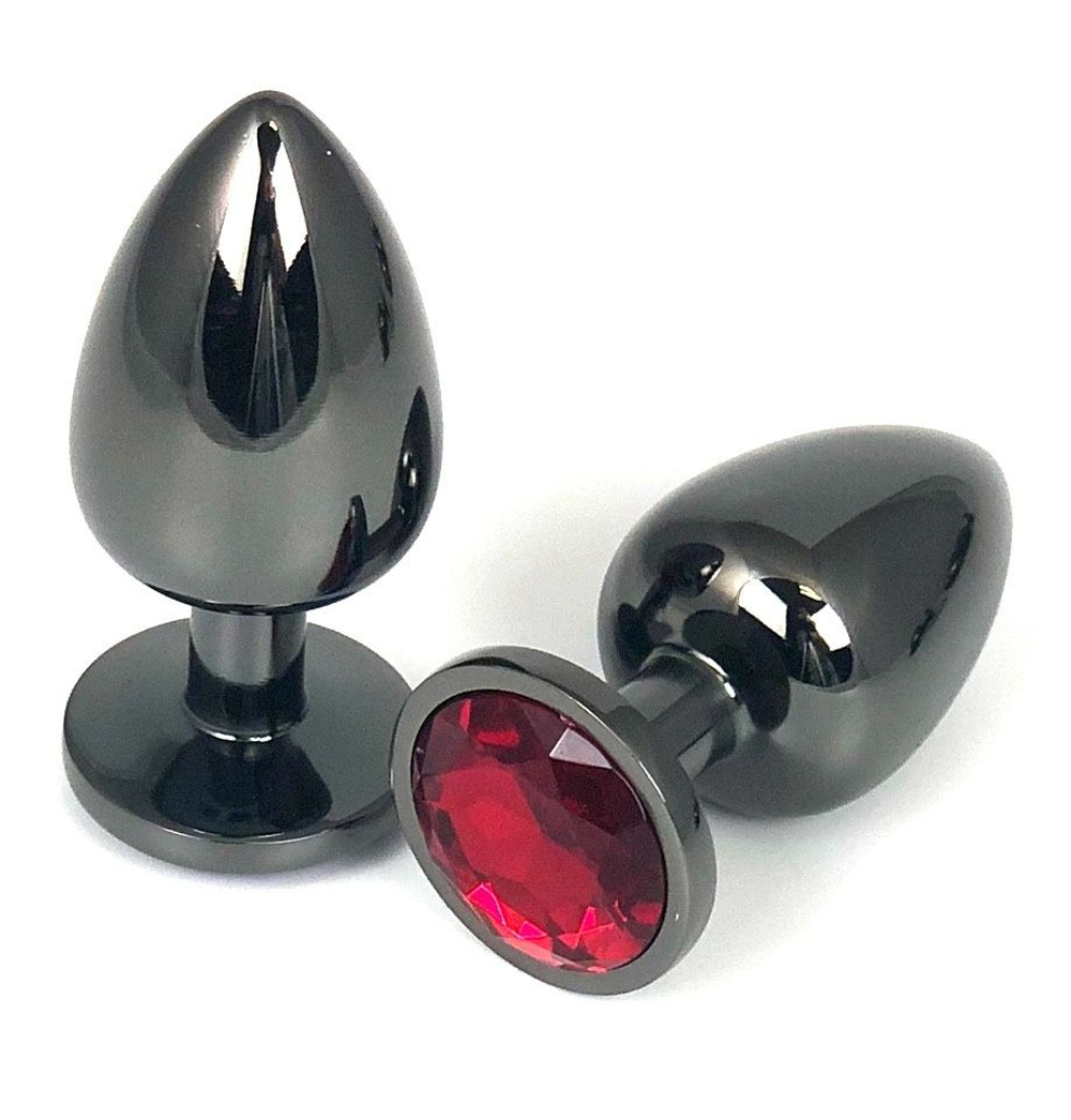 Черная металлическая анальная пробка с красным стразом - 9 см. (Цвет: красный)