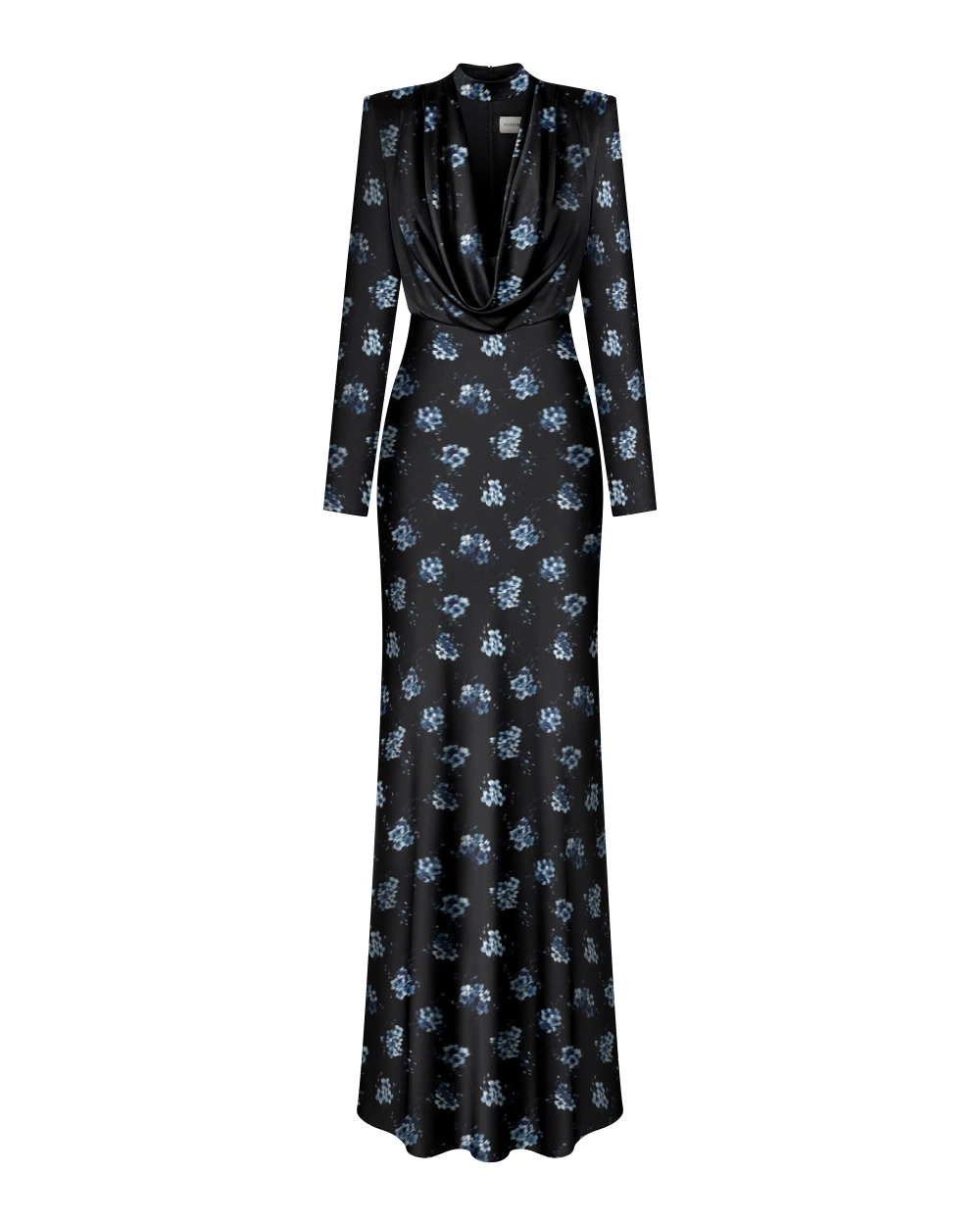 Emma maxi, платье макси из черного атласа со средним цветочным принтом