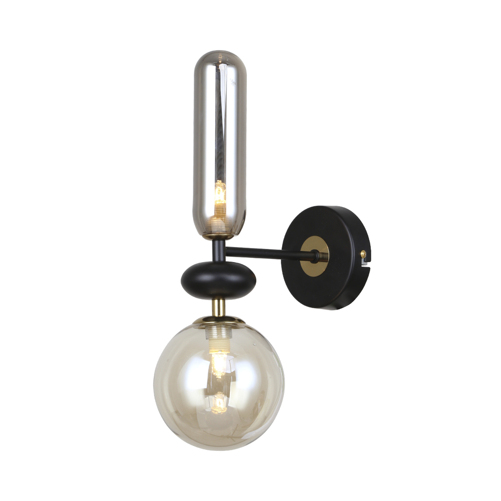 Настенный светильник 2x40Вт G9, металл/стекло, черный/золото, янтарный/дымчатый