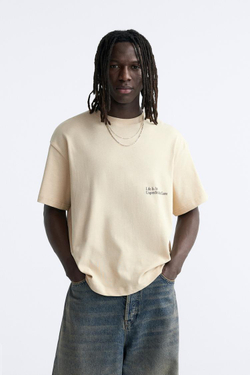 ZARA ФУТБОЛКА С ПРИНТОМ И НАДПИСЬЮ, ЭКРЮ