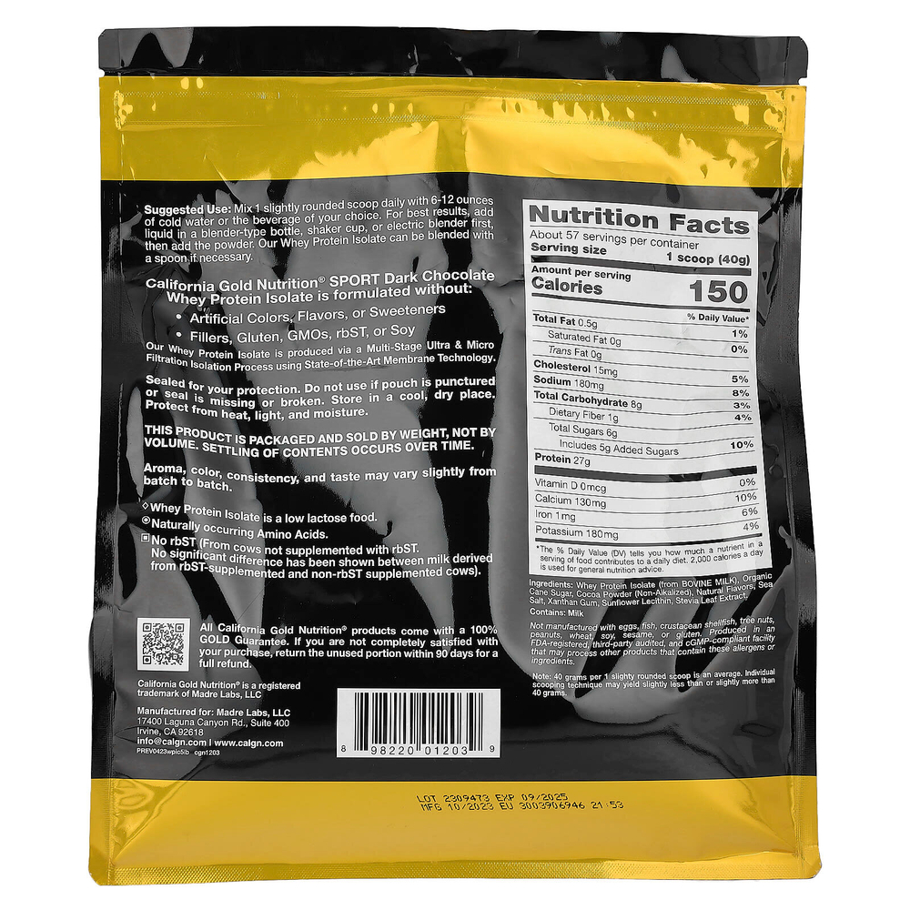 California Gold Nutrition, Sport, изолят сывороточного протеина со вкусом тёмного шоколада, 2,27 кг (5 фунтов)