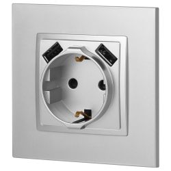 14-4109-03 ЭРА Розетка 2P+E 16A-250В, штор. с 2xUSB 5В-3А, Эра Elegance, алюминий | Elegance Алюминий