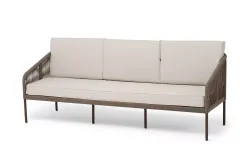 "Канны" диван 3-местный плетеный из роупа, каркас алюминий коричневый (RAL8016) муар, роуп коричневый круглый, ткань бежевая 035