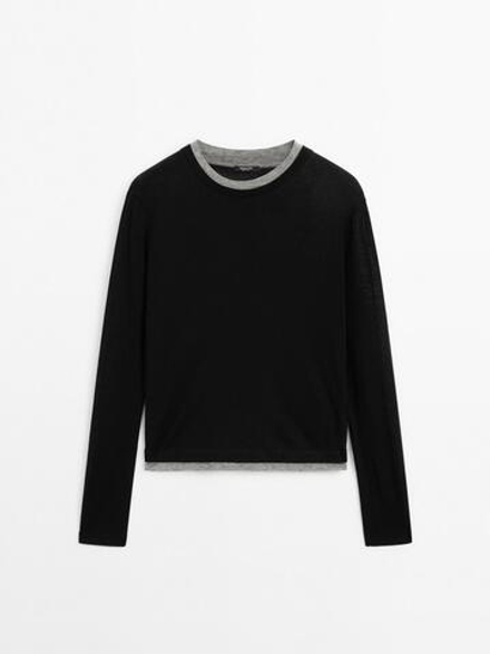 Massimo Dutti Легкая двухслойная футболка из смесовой шерсти, черный