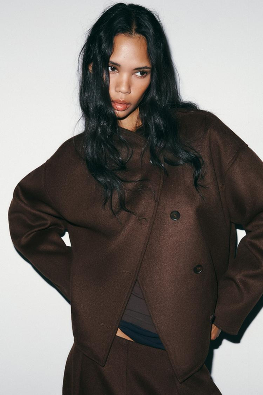 ZARA МЯГКАЯ КУРТКА С ЗАПАХОМ, ТЕМНО-КОРИЧНЕВЫЙ