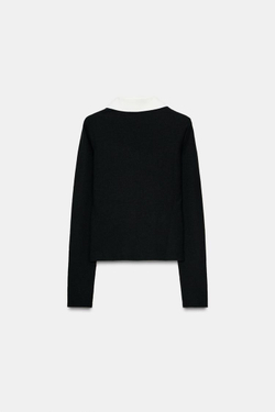 ZARA ТОП ПОЛО ИЗ ТКАНИ ИНТЕРЛОК С КОНТРАСТНЫМИ ЭЛЕМЕНТАМИ, ЧЕРНЫЙ