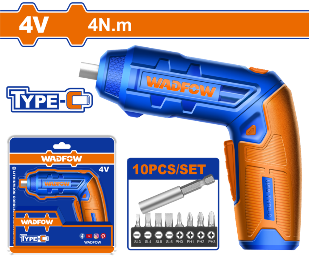 Отвертка аккумуляторная 4В, 4 Нм, 1/4" Type-C (10/20) WADFOW WCV4415