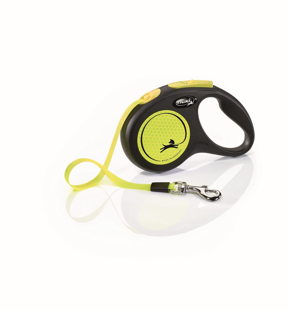 FLEXI Рулетка NEW NEON S ремень 5 м до 15 кг, черный/ неон желтый