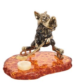 Народные промыслы AM- 239 Фигурка «Волк хоккеист» (латунь, янтарь)