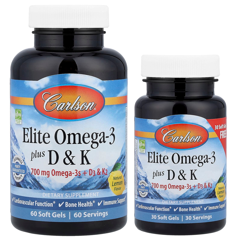 Carlson, Elite Omega-3 с витаминами D и K, натуральный лимон, 90 капсул