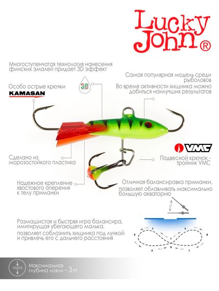 Балансир Lucky John CLASSIC 3 с тр. 30мм/36RT блистер