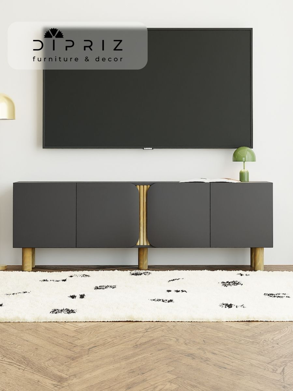 Тумба под телевизор Ола, 160 см, на деревянных ножках из сосны, графит