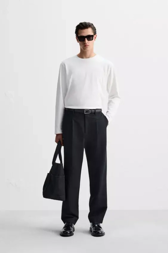ZARA ФУТБОЛКА ИЗ ПЛОТНОГО ХЛОПКА С ДЛИННЫМИ РУКАВАМИ, БЕЛЫЙ