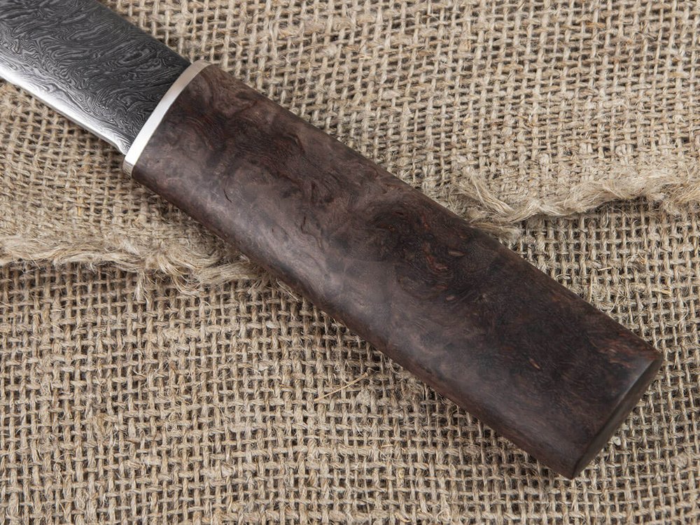 Шкуросъемный нож "Якут" с кованым долом, дамасская сталь, рукоять стабилизированная карельская береза