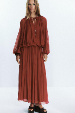 ZARA ПЛИССИРОВАННАЯ БЛУЗА С КИСТОЧКАМИ, ЧЕРЕПИЧНЫЙ