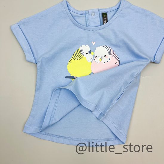 Футболка "Цветные попугайчики" хлопковая, Небесная